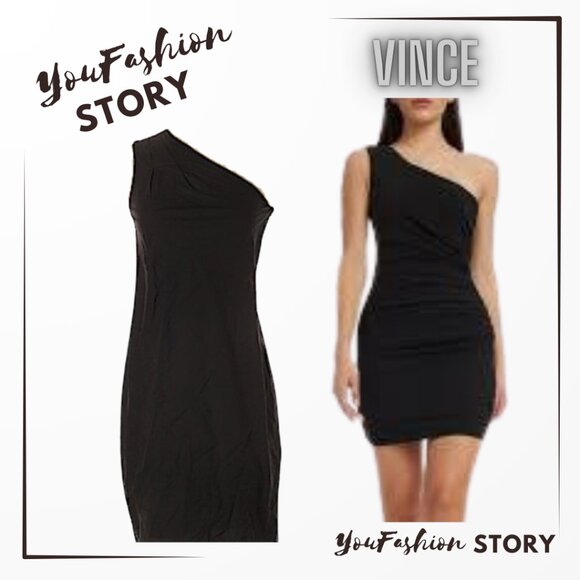 Vince One Shoulder Black Mini sheath Cotton Cocktail Dress, silk lined Sz: M - Picture 1 of 7